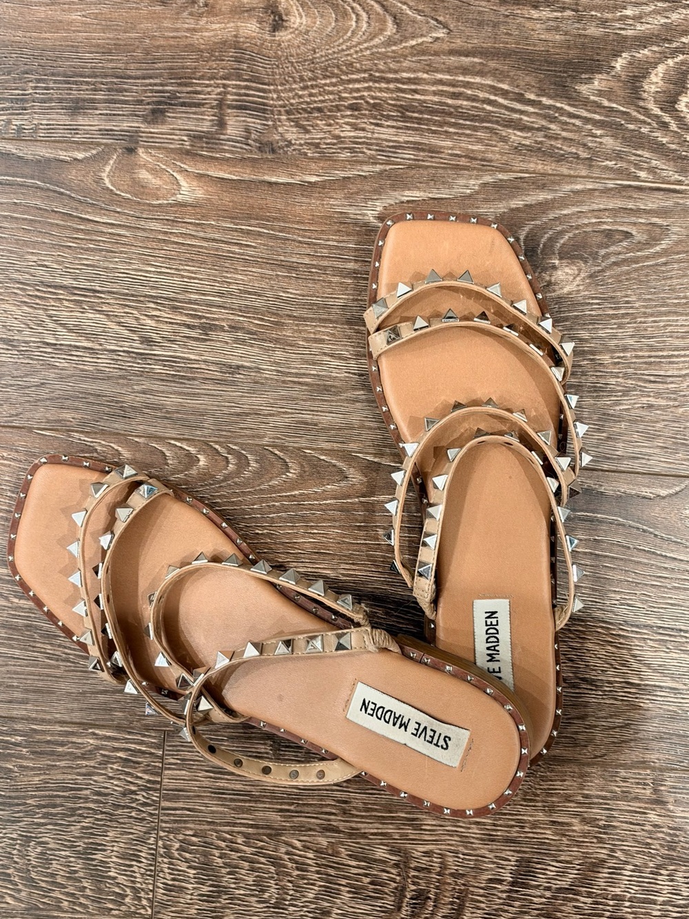 Steve Madden Tan Studded Multi-Strap Slide Sandals